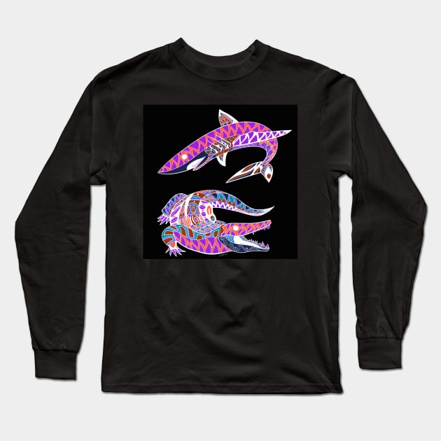 shark and crocodille ecopop pattern in dark Long Sleeve T-Shirt by jorge_lebeau